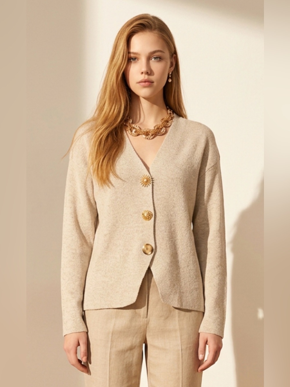 Neutral Cream V-Neck Button-Front Sweater